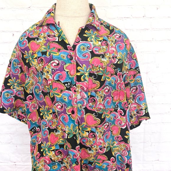 80's Silk Funky Flower Print Shirt-Size Medium - Peaches & Smith-Unisex - Picture 1 of 8